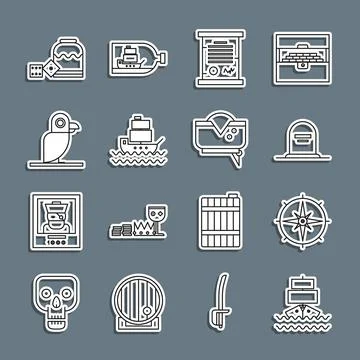 Set line Ship, Wind rose, Tombstone with RIP written, Decree, parchment, scroll 스톡 일러스트