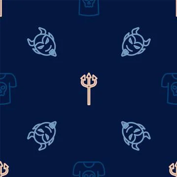 Set line Shirt with skull, Devil head and Trident devil on seamless pattern Stock Illustration