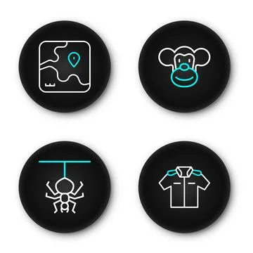 Set line Shirt, Spider, Monkey and Africa safari map icon. Vector Stock Illustration