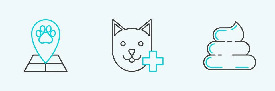 Set line Shit, Map pointer with veterinary medicine hospital and Veterinary c Stock Illustration