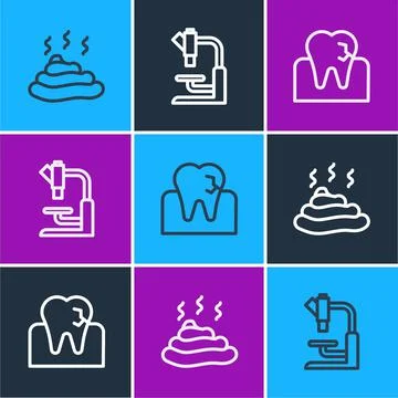 Set line Shit, Tooth with caries and Microscope icon. Vector Illustrazione stock