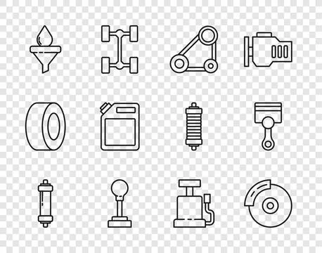 Set line Shock absorber, Car brake disk with caliper, Timing belt kit, Gear Stock Illustration