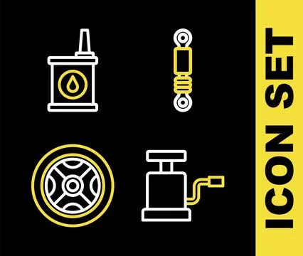 Set line Shock absorber, Car air pump, wheel and Canister for motor oil ico.. Illustration