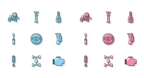 Set line Shock absorber, Chassis car, Car search, Check engine, Steering wheel Stock Illustration