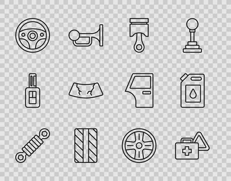 Set line Shock absorber, First aid kit and warning triangle, Engine piston,.. Stock Illustration