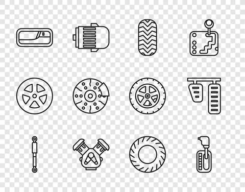 Set line Shock absorber, Gear shifter, Car tire, engine, door handle, brake disk Illustration