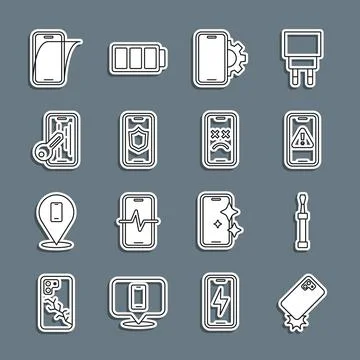 Set line Shockproof phone, Screwdriver, Mobile with exclamation mark, Phone.. Stock Illustration