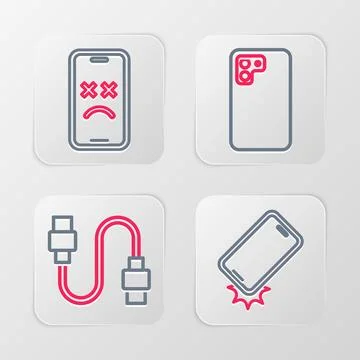 Set line Shockproof phone, USB cable cord, Smartphone and Dead mobile icon... Stock Illustration