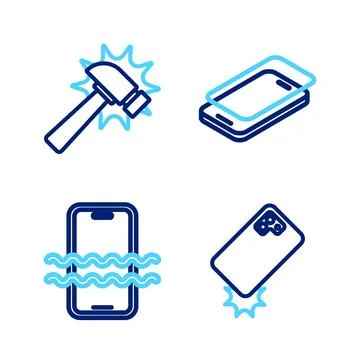 Set line Shockproof phone, Waterproof, Glass screen protector and Hammer ic.. Stock Illustration