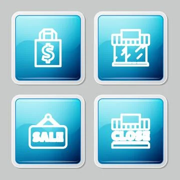 Set line Shoping bag and dollar, Shopping building or market store, Hanging sign Ilustración de archivo