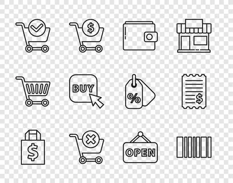 Set line Shoping bag and dollar, Barcode, Wallet, Remove shopping cart, Shopping Stock Illustration