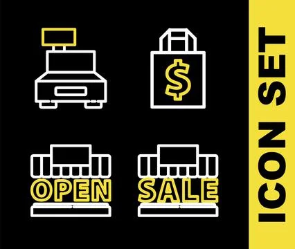 Set line Shoping bag and dollar, Shopping building sale, open and Cash regi.. Ilustración de archivo