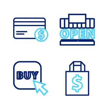 Set line Shoping bag and dollar, Buy button, Shopping building open and Cre.. Stock Illustration