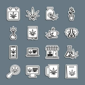 Set line Shopping bag of marijuana, Test tube with, Medical bottle, Marijua.. Ilustración de archivo