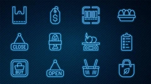 Set line Shopping bag with recycle, list, Scanner scanning bar code, Fish Illustrazione stock