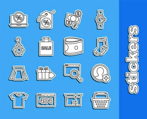 Set line Shopping basket, Create account screen, Socks, Money cash and coin 库存插图