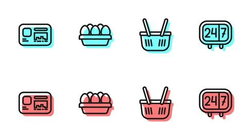 Set line Shopping basket, Identification badge, Chicken egg box and Clock 24 Stock Illustration