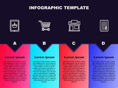 Set line Shopping basket on tablet, cart, building or market store and Paper Ilustración de archivo