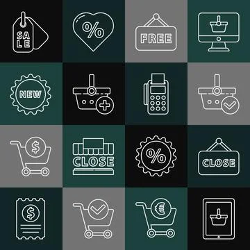 Set line Shopping basket on tablet, Hanging sign with Closed, check mark, Pri Stock Illustration
