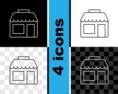 Set line Shopping building or market store icon isolated on black and white Ilustración de archivo