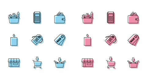 Set line Shopping building or market store, Add cart, basket and food, Discount Ilustración de archivo