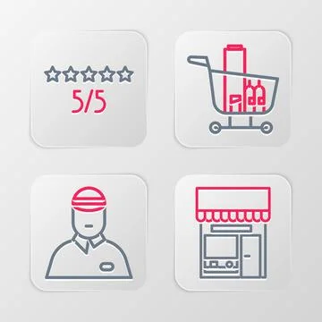 Set line Shopping building or market store Seller cart and food and Consumer  Ilustración de archivo