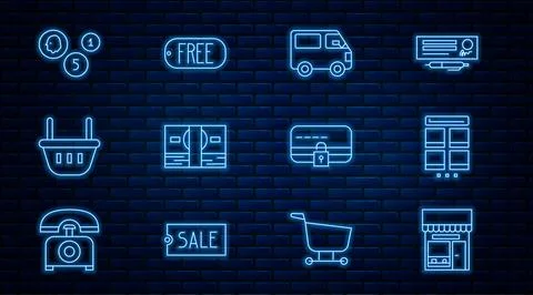 Set line Shopping building or market store, Online shopping on mobile, Deli.. Ilustración de archivo