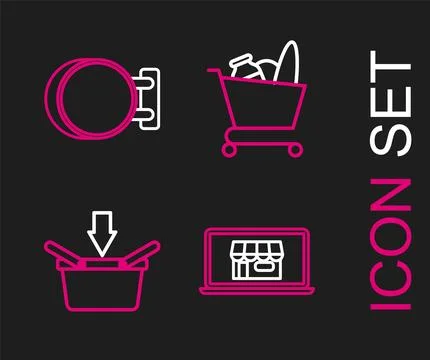 Set line Shopping building on screen laptop, basket, cart and food and Signboard Ilustración de archivo