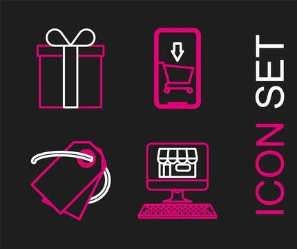Set line Shopping building on screen computer, Blank label template price tag Illustrazione stock