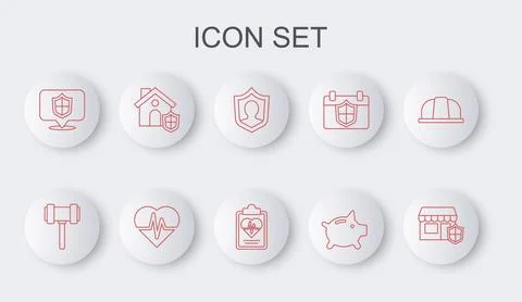 Set line Shopping building with shield, Judge gavel, Life insurance, Piggy ba Ilustração Stock