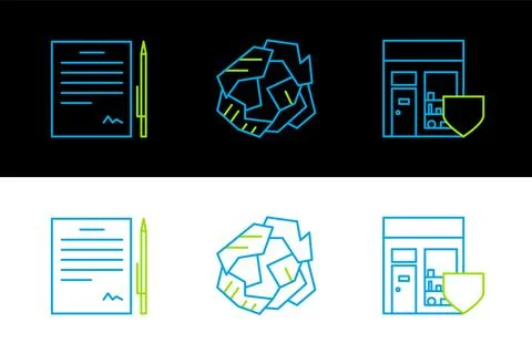 Set line Shopping building with shield, Contract pen and Crumpled paper ball Ilustración de archivo