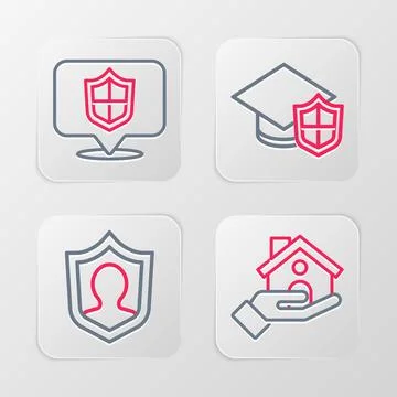 Set line Shopping building with shield, Life insurance, Graduation cap and Ilustração Stock
