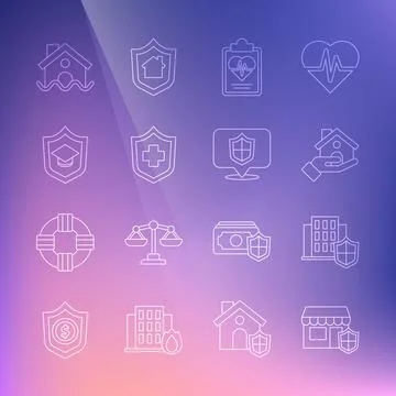 Set line Shopping building with shield, House, insurance, Health, Graduatio.. Ilustración de archivo