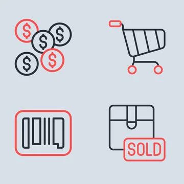 Set line Shopping cart, Barcode, Sold and Dollar symbol icon. Vector Illustrazione stock