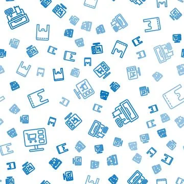 Set line Shopping cart on computer, Cash register machine and Paper shopping bag Stock Illustration