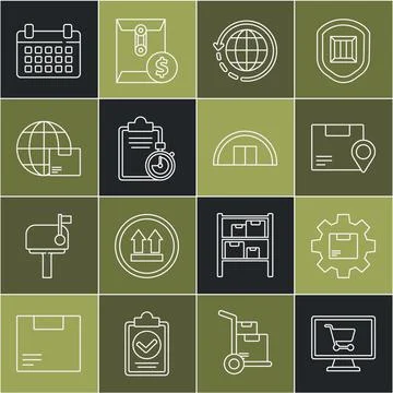 Set line Shopping cart on computer, Gear wheel with package box, Location Ilustración de archivo