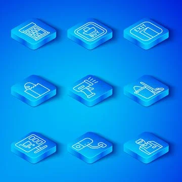 Set line Shopping cart on computer, Scanner scanning bar code, Security camera Stock-Illustration