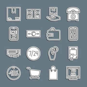 Set line Shopping cart on computer, Certificate template, Online shopping phone Illustrazione stock
