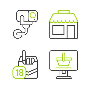 Set line Shopping cart on computer, Cigarettes pack box, Market store and Sec Stock Illustration