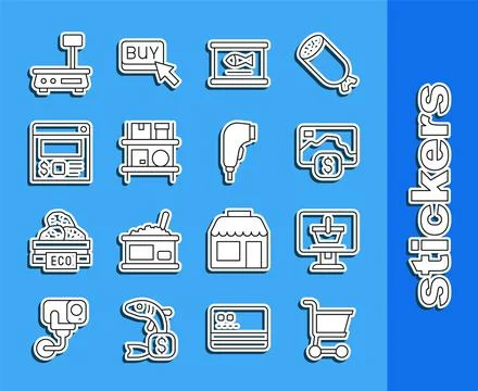 Set line Shopping cart, on computer, Credit card, Canned fish, Warehouse Stock Illustration