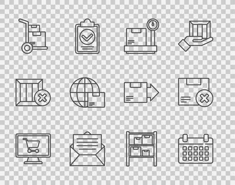 Set line Shopping cart on computer, Calendar, Scale with cardboard box, Envelope イラスト素材