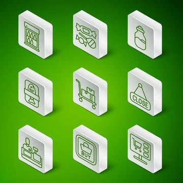 Set line Shopping cart on computer, Buy button, Commercial refrigerator, Ha.. Stock Illustration