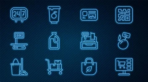 Set line Shopping cart on computer, Identification badge, Bottle for cleani.. Stock Illustration