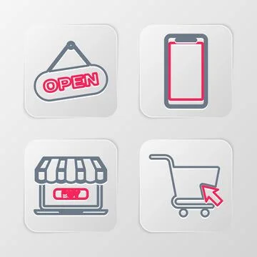 Set line Shopping cart with cursor, Online shopping, Smartphone, mobile pho.. Stock-Illustration