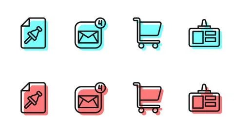 Set line Shopping cart, Note paper with push button, Envelope and Identification Stock Illustration