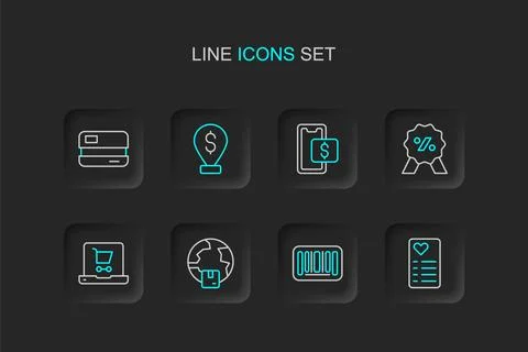 Set line Shopping list, Barcode, Worldwide shipping, cart on screen laptop,.. Stock Illustration