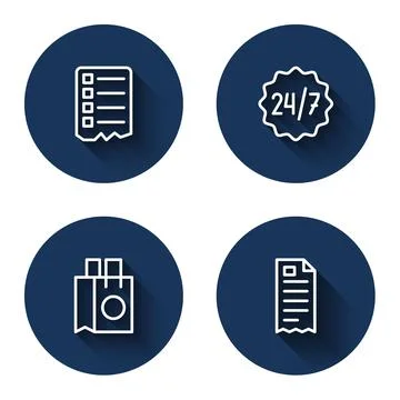Set line Shopping list, Clock 24 hours, Paper shopping bag and Financial chec Stock Illustration