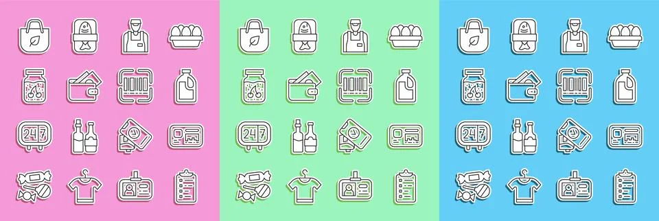Set line Shopping list, Identification badge, Bottle for cleaning agent, Seller Stock Illustration
