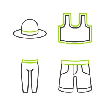 Set line Short or pants, Leggings, Undershirt and Man hat icon. Vector Stock Illustration