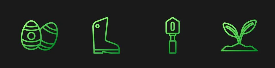 Set line Shovel, Easter egg, Rubber gloves and Sprout. Gradient color icons Stock Illustration